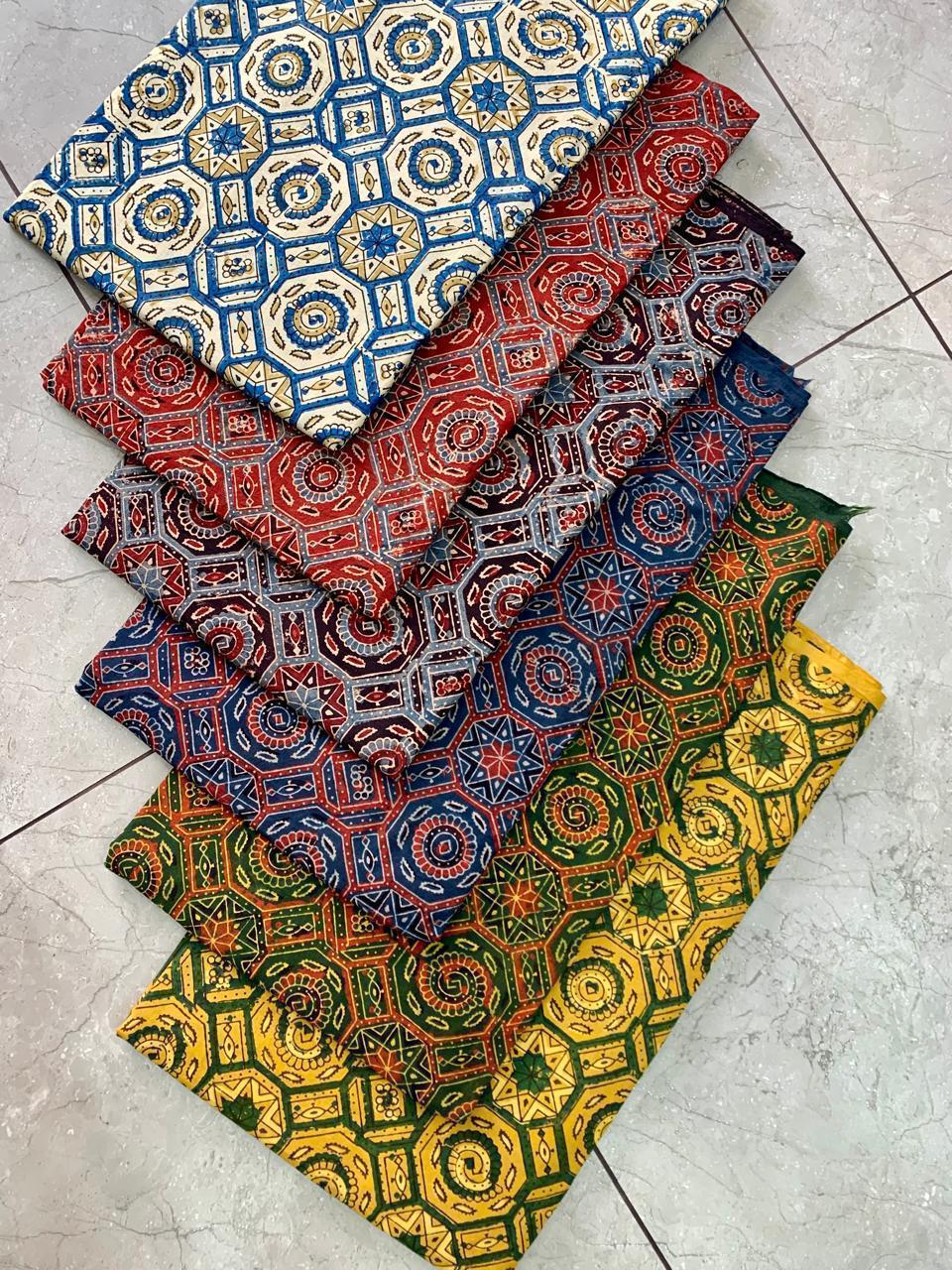 Ajrakh pure cotton handblock printed fabric with multicolour geometric handblock patterns